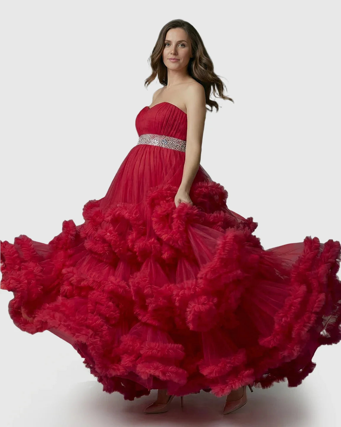 Bump Society – The Comfort Collection: Strapless Bodice Multi-Layered Ruffled Skirt Maternity Photoshoot Dress