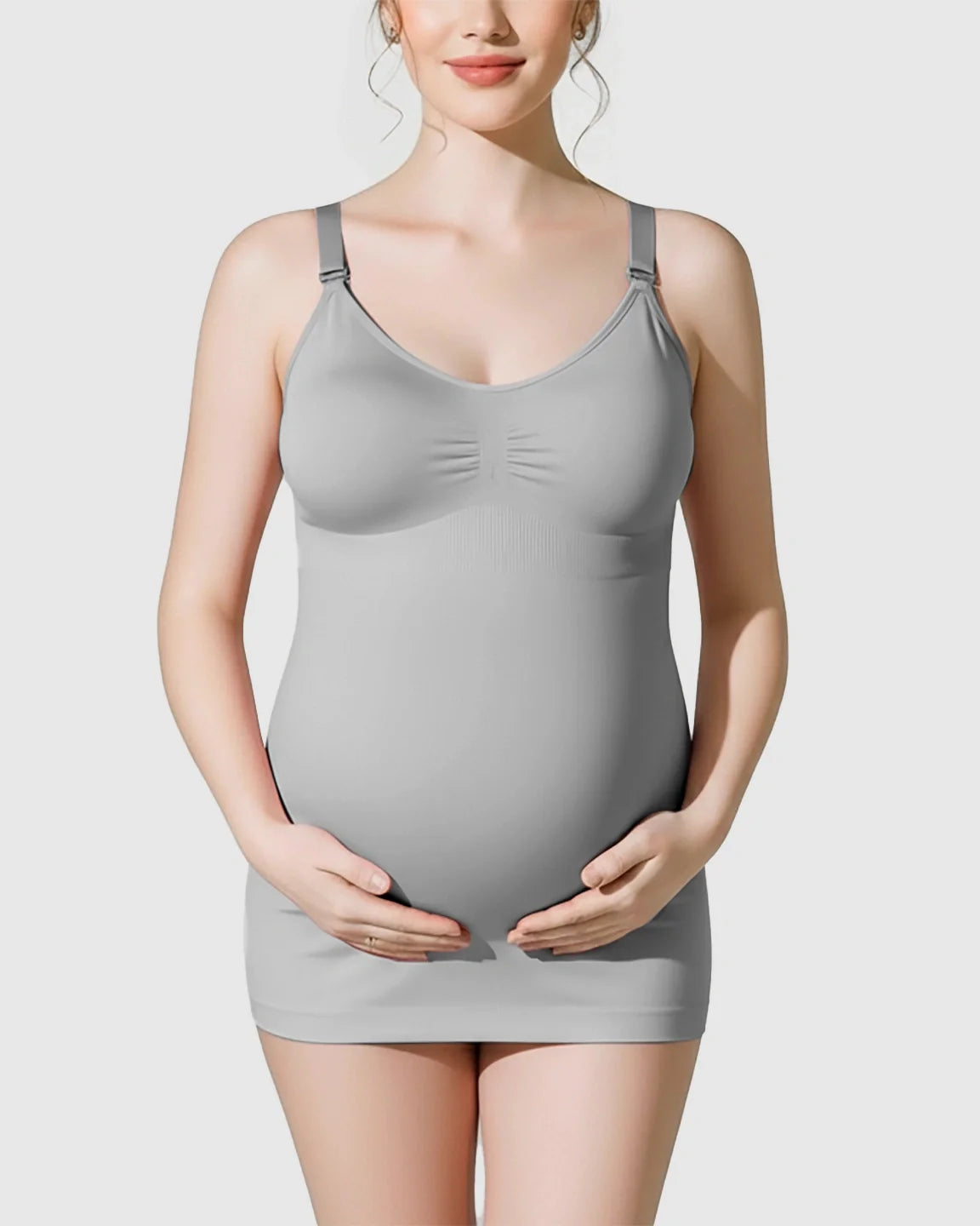 Gray soft stretch front-opening wireless maternity nursing bra camisole on a pregnant model.