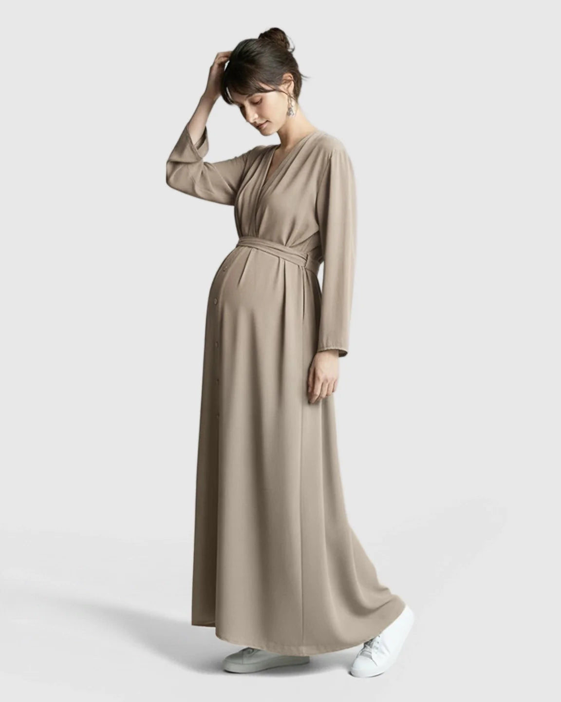 Bump Society – The Comfort Collection: Long Sleeve V-Neck Maternity Maxi Dress with Adjustable Waist