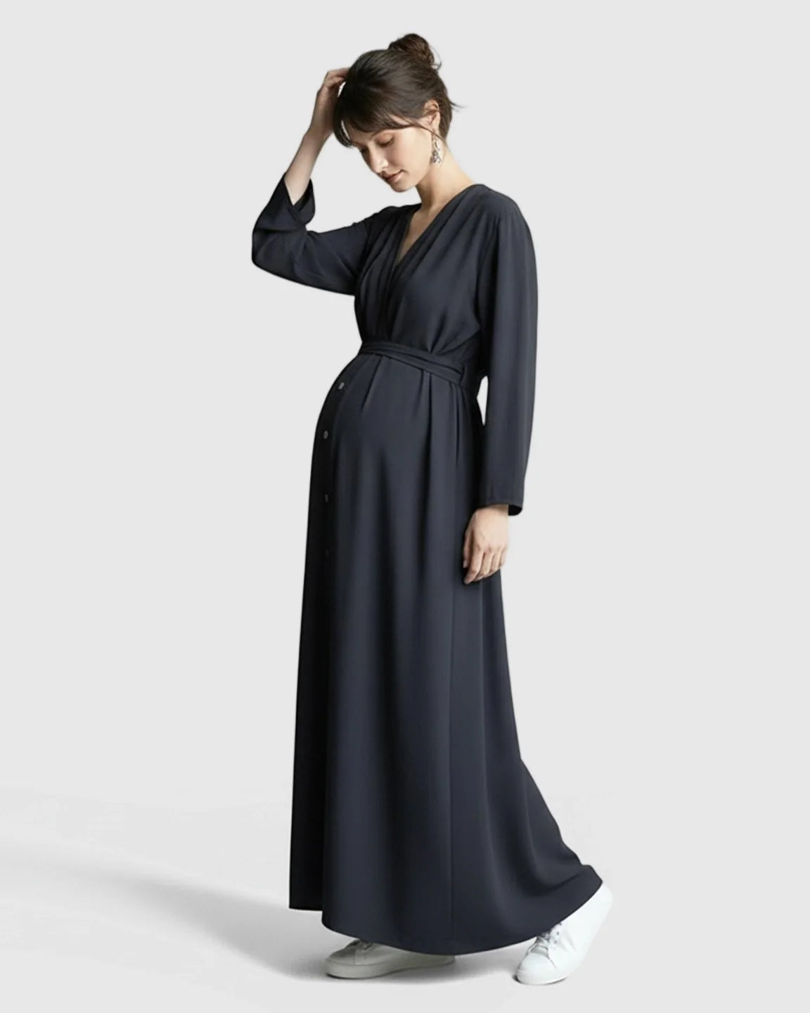 Bump Society – The Comfort Collection: Long Sleeve V-Neck Maternity Maxi Dress with Adjustable Waist
