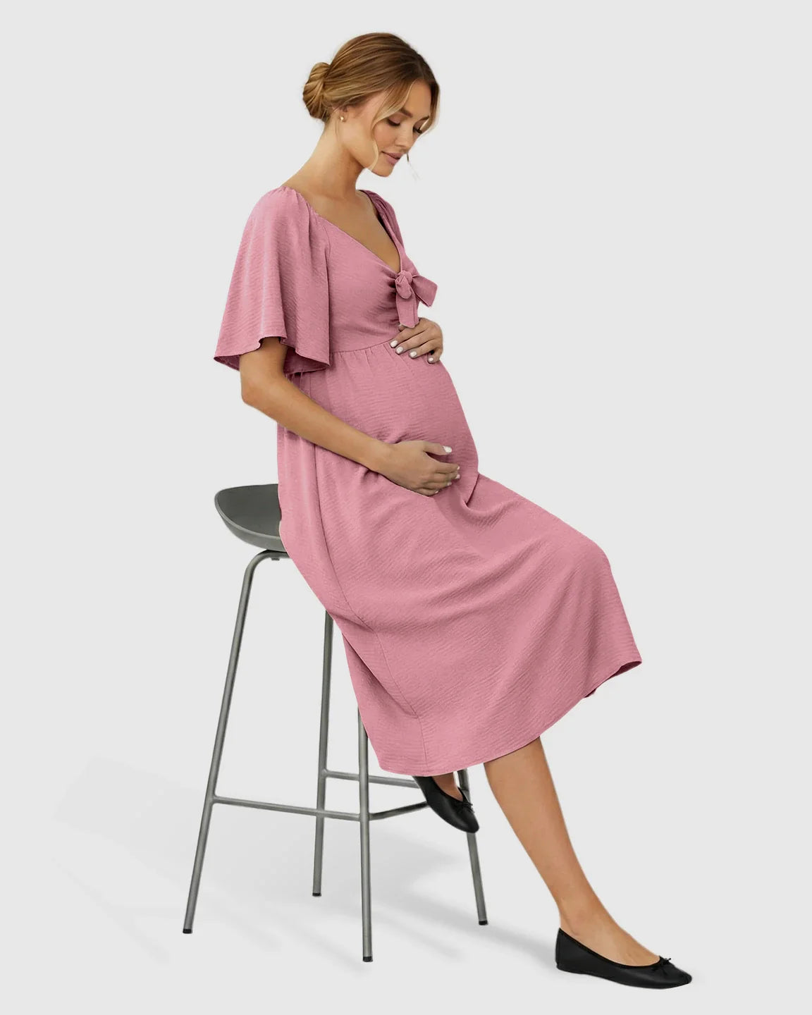 Bump Society – The Comfort Collection: Tie-Knot Front Swing Silhouette Maternity Midi Dress