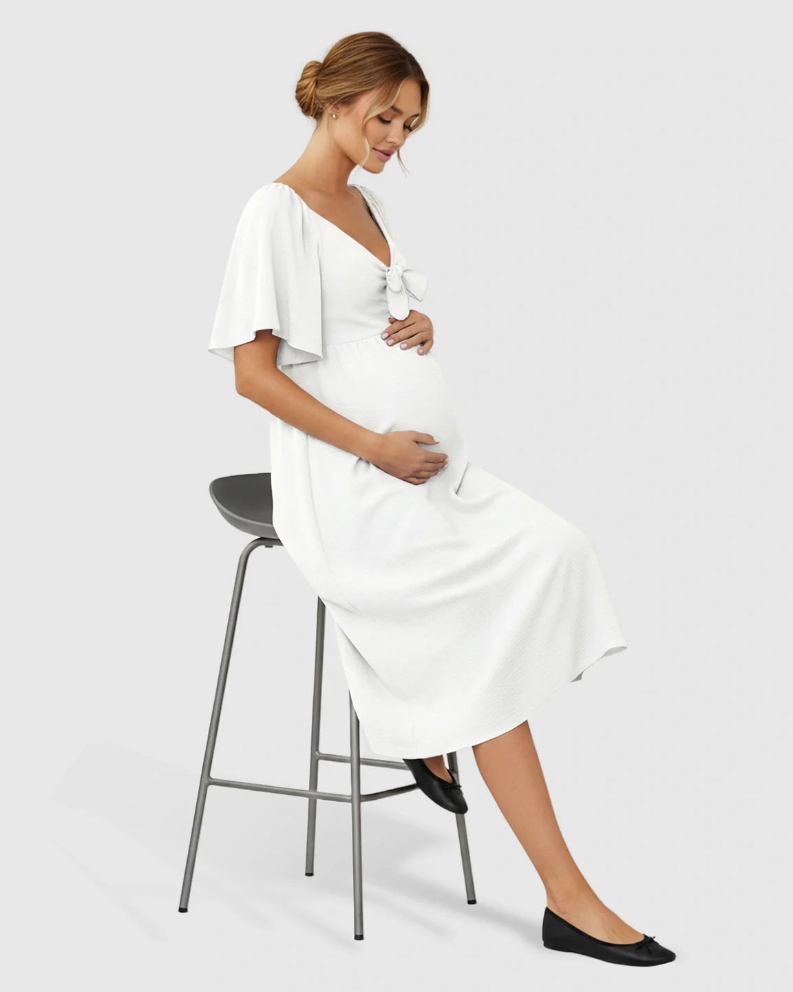 Bump Society – The Comfort Collection: Tie-Knot Front Swing Silhouette Maternity Midi Dress