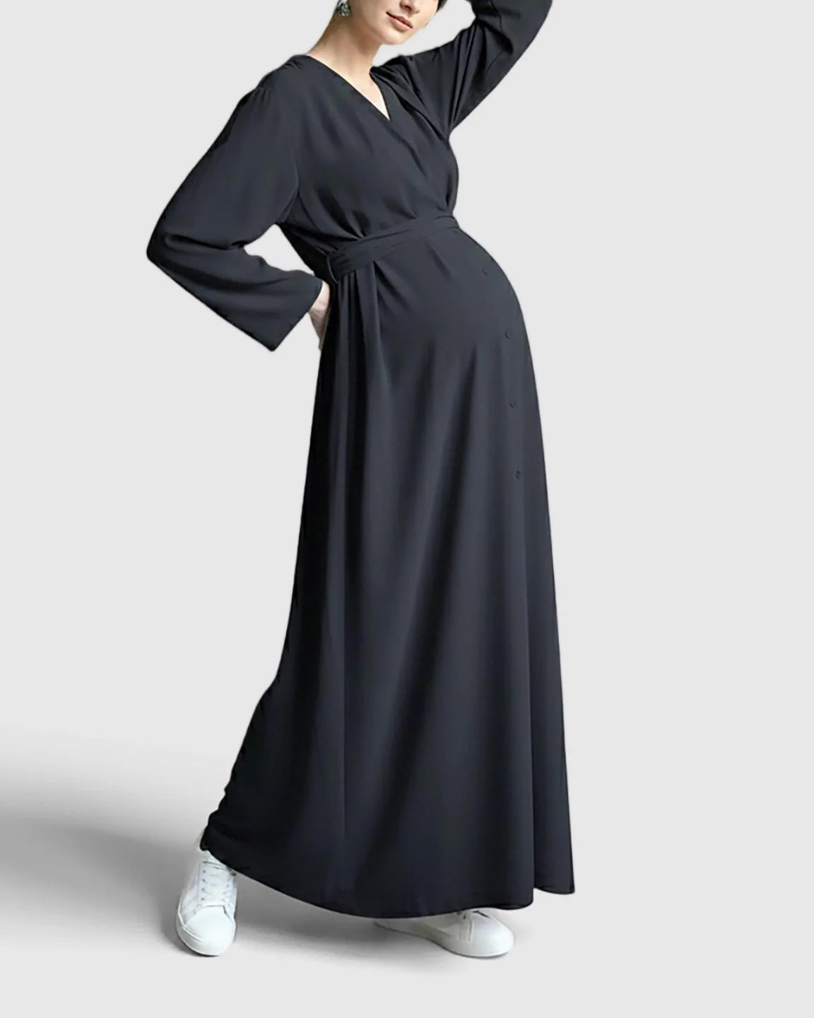 Bump Society – The Comfort Collection: Long Sleeve V-Neck Maternity Maxi Dress with Adjustable Waist