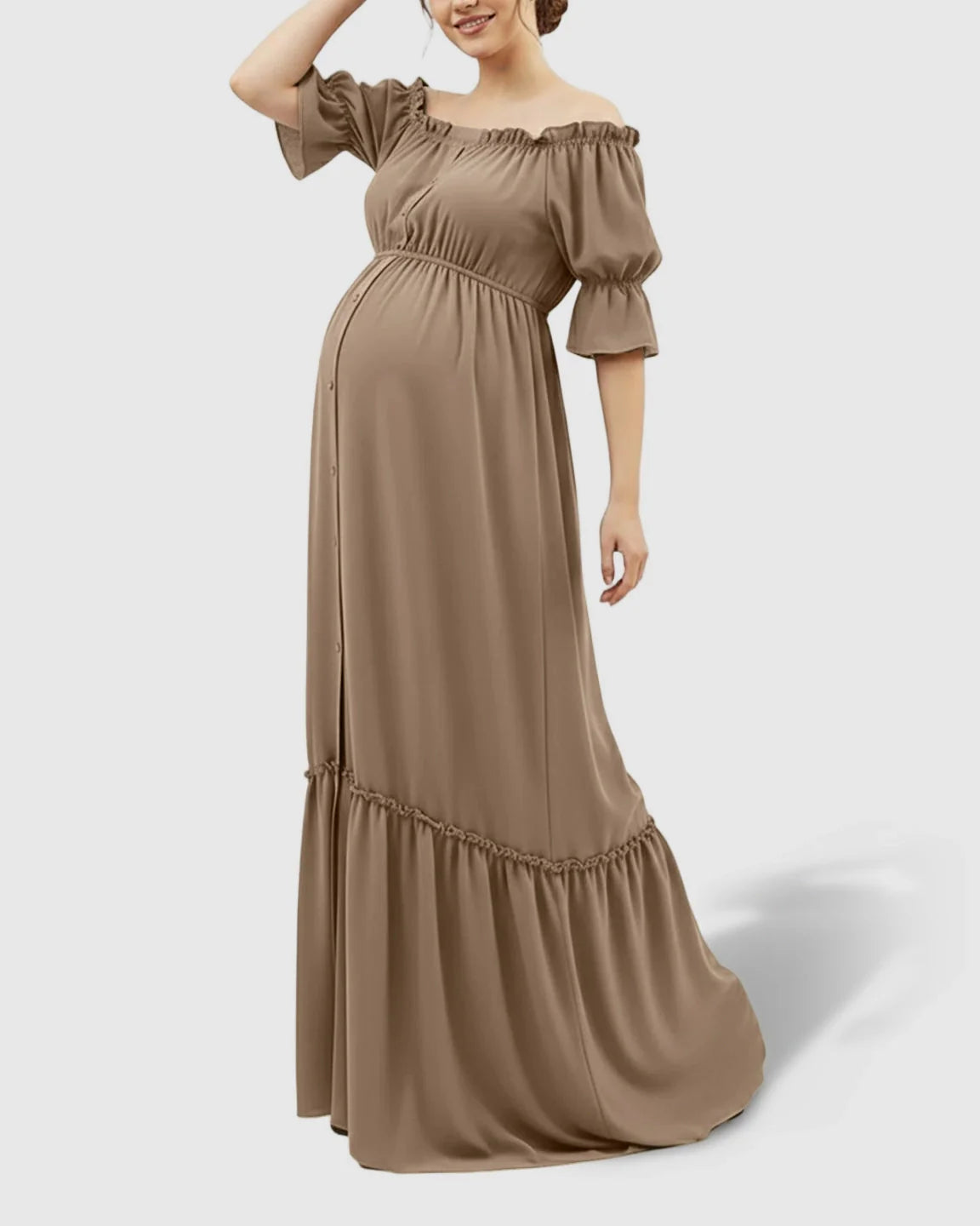 The Comfort Collection: Elegant Off-Shoulder Flared Maternity Long Dress
