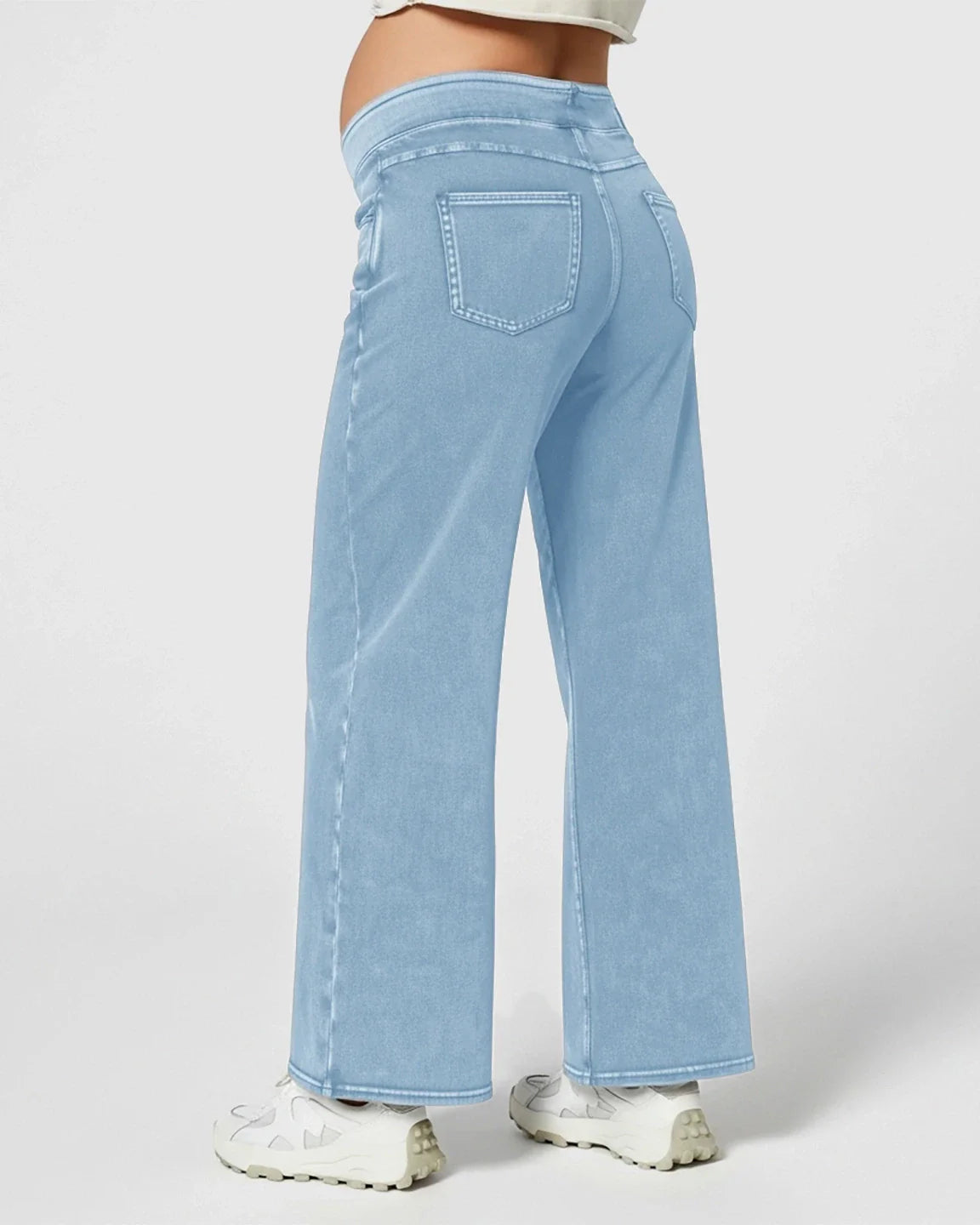 Light blue high-waist wide-leg maternity denim jeans with a soft waistband, shown from behind.