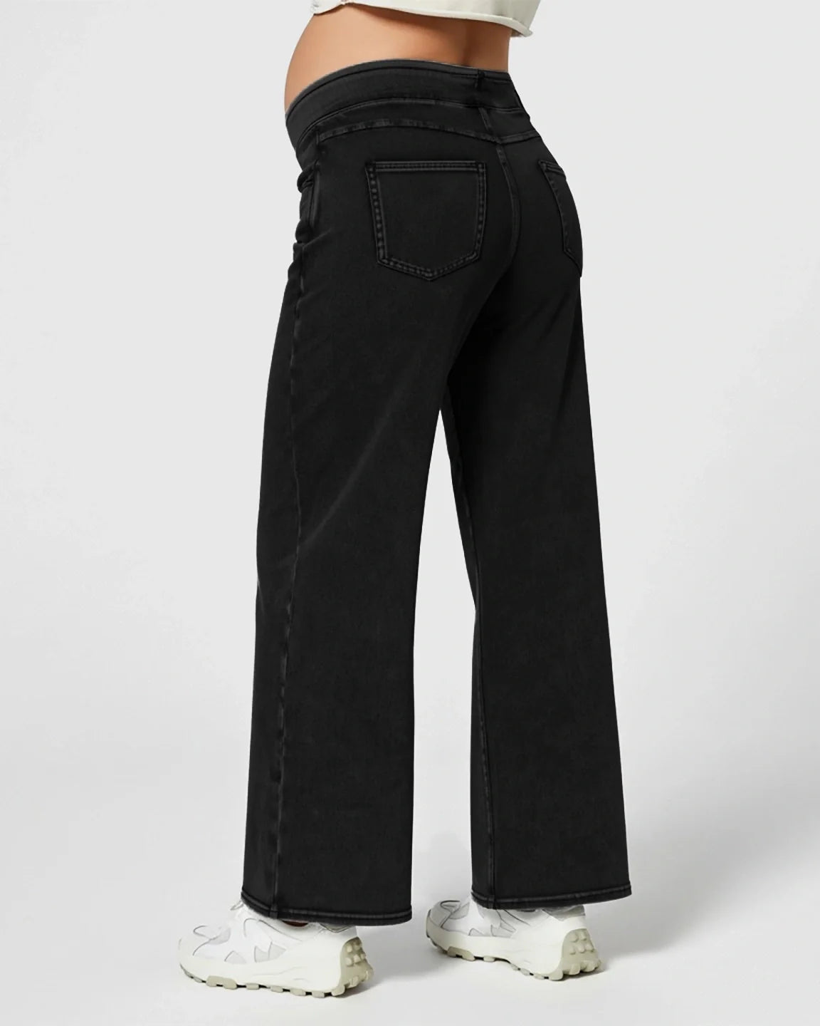 Black high-waist wide-leg maternity denim jeans with a stretchy waistband, shown from the back.