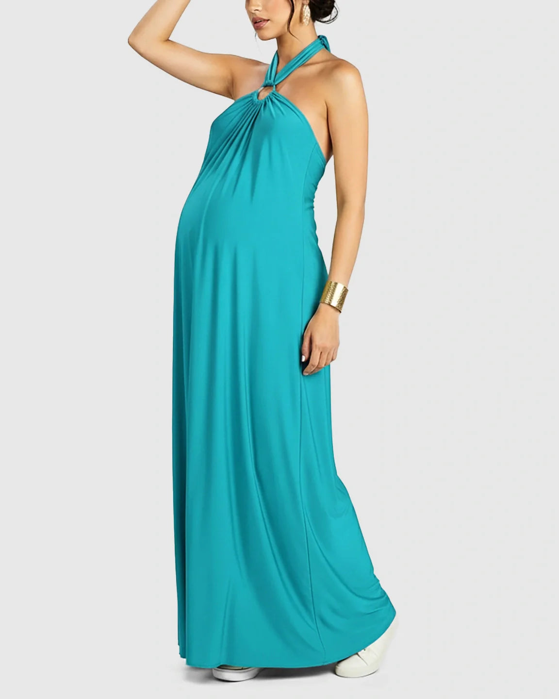 Turquoise backless halter neck chiffon maternity maxi dress with a flowing skirt.