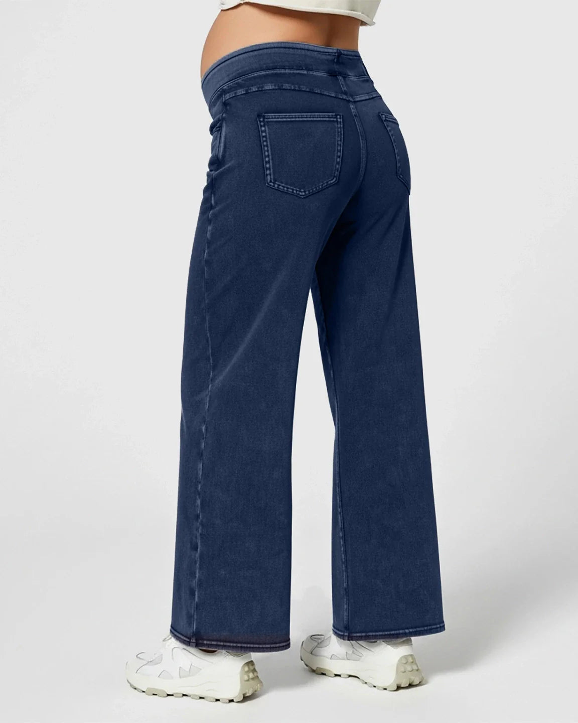 Navy high-waist wide-leg maternity denim jeans with a soft, stretchy waistband and back pockets.