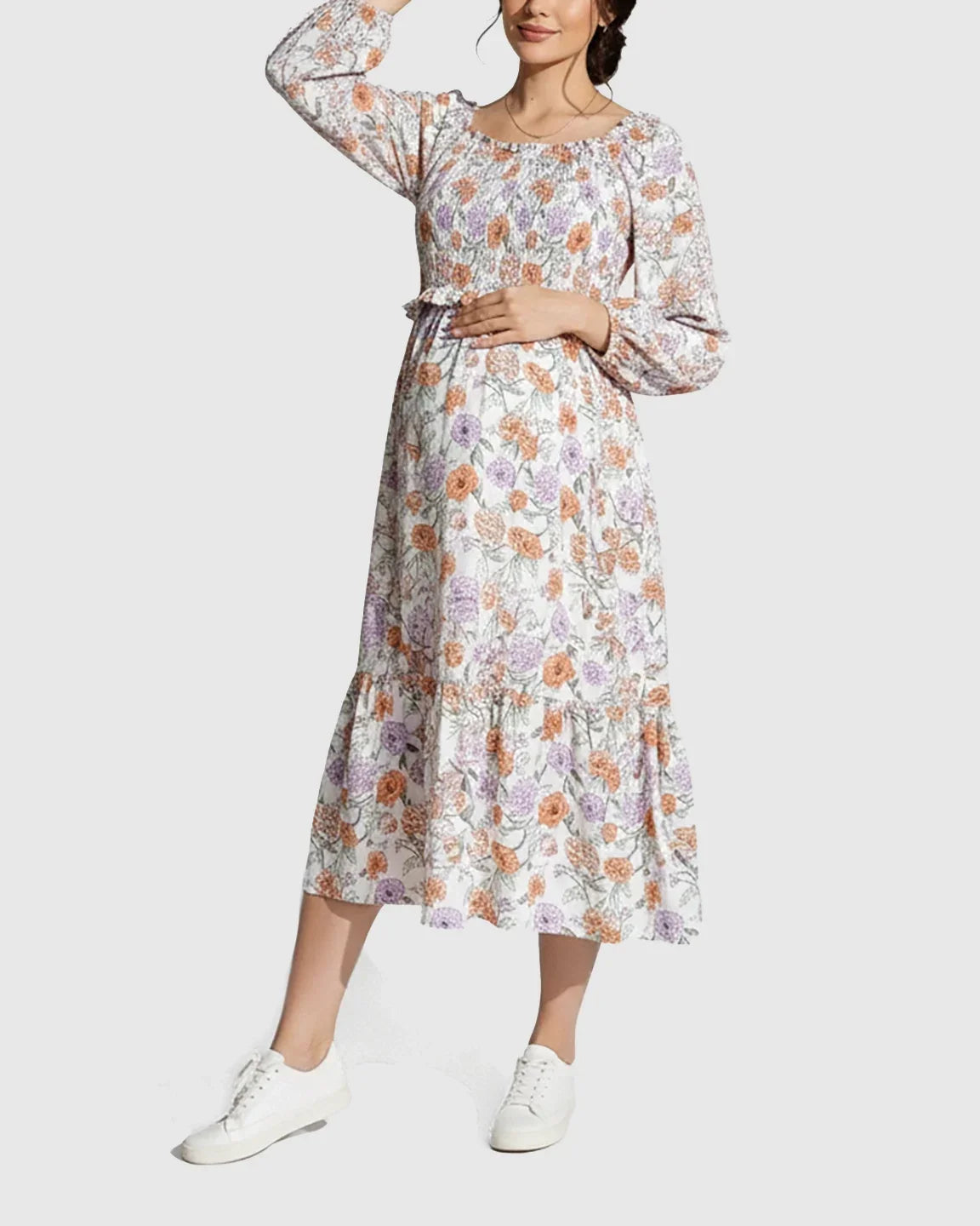 Bump Society – The Comfort Collection: Floral Print Smocked Bodice Maternity Midi Dress