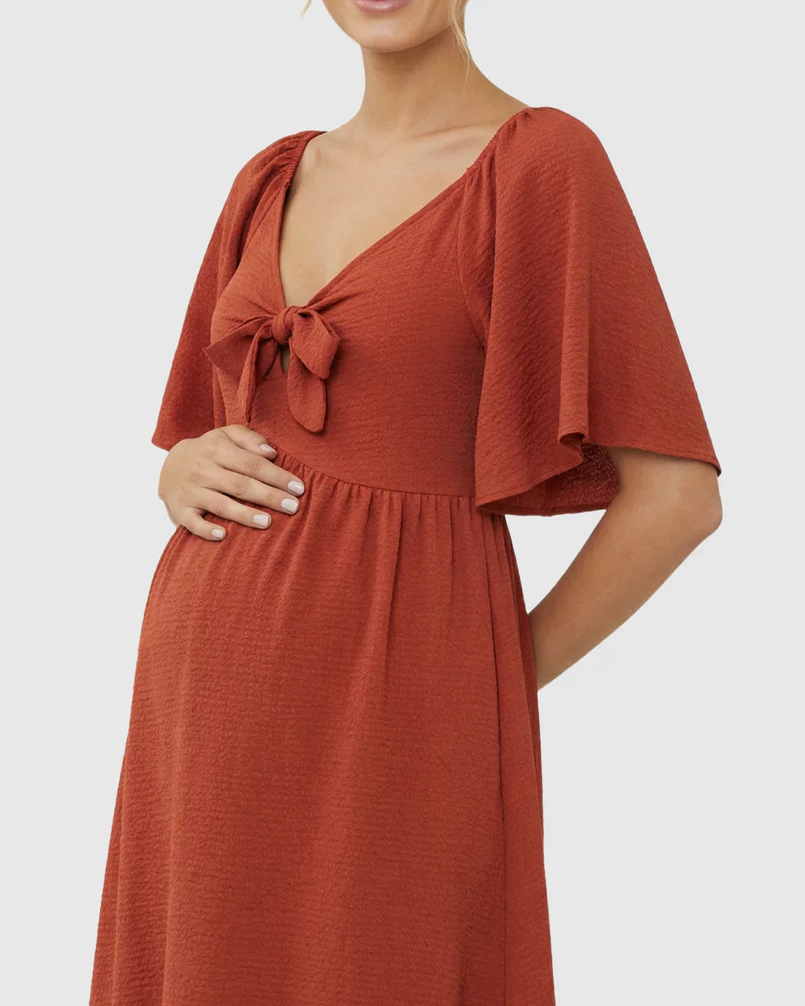 Bump Society – The Comfort Collection: Tie-Knot Front Swing Silhouette Maternity Midi Dress
