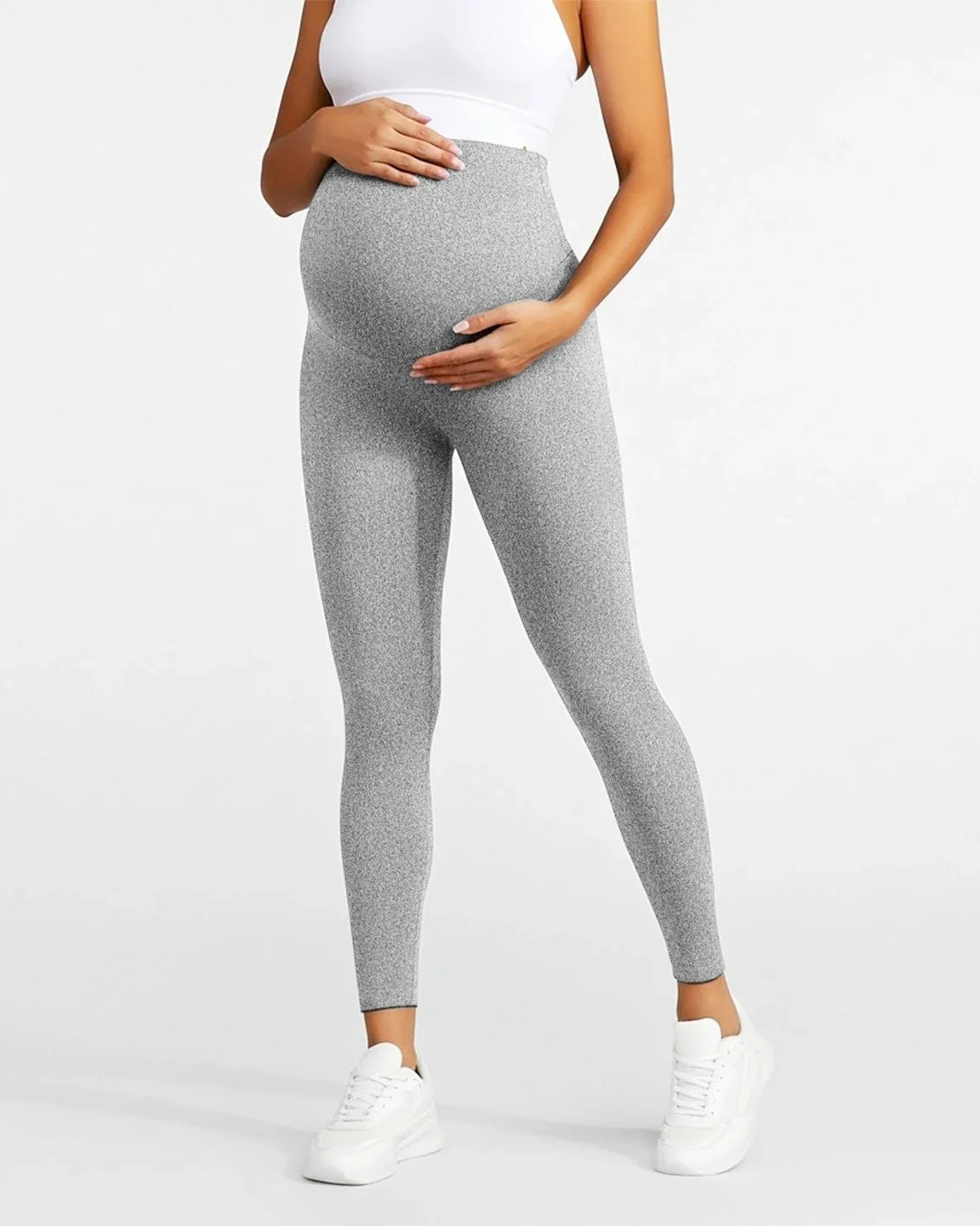 Maternity leggings in heather grey, ankle-length, with a supportive over-the-bump waistband.