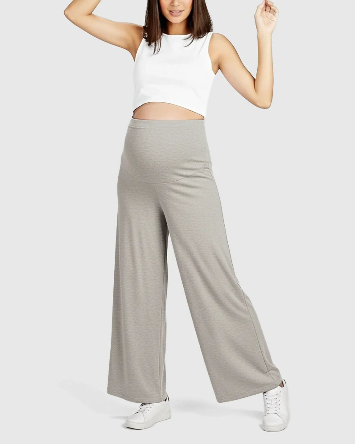 Gray Comfort Fit Elastic Waist Maternity Pants with over-belly support, worn by a smiling pregnant woman.