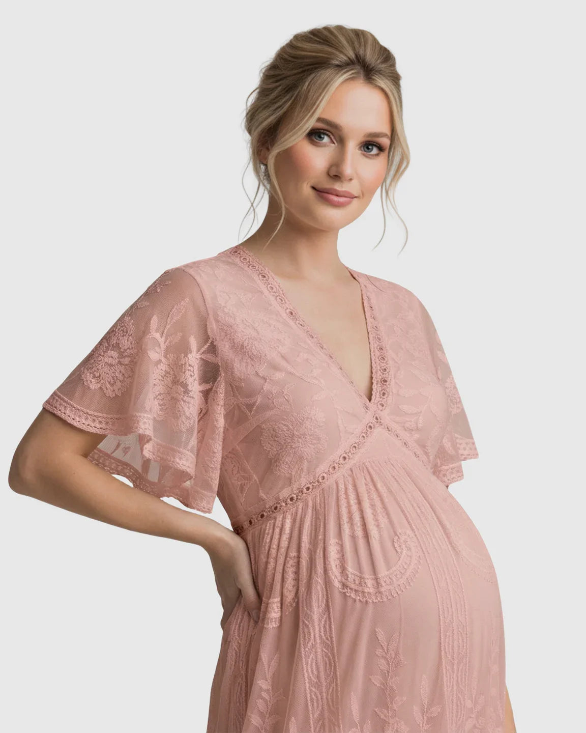 Bump Society – The Comfort Collection: Sheer-Lace Romantic Maternity Maxi Dress