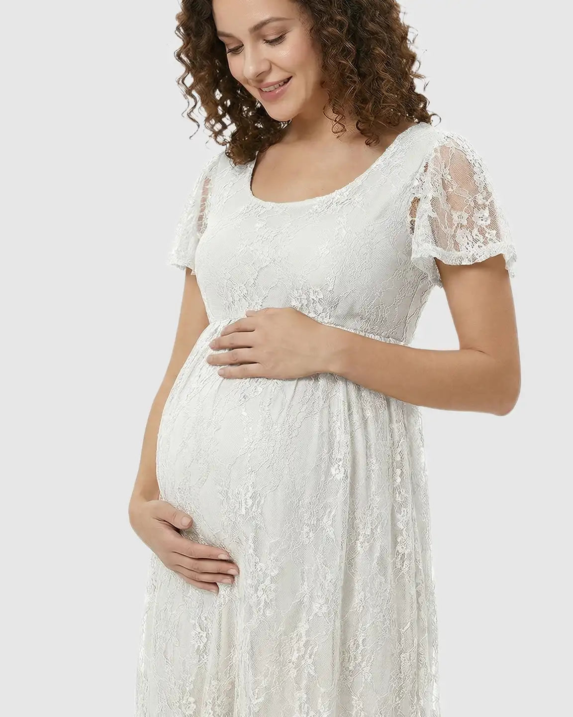 Bump Society – The Comfort Collection: Ruffled Hem Floral Lace Maternity Photoshoot Dress