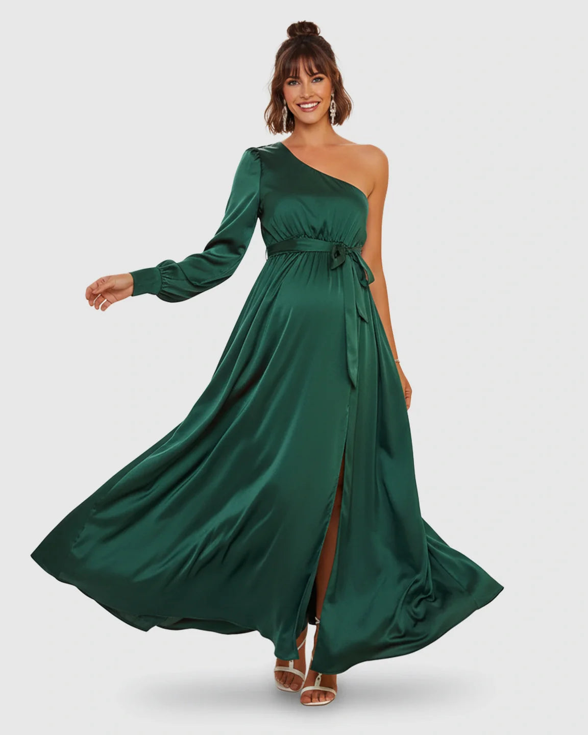 Elegant emerald green satin one-shoulder maternity maxi dress with a high slit and tie-waist.