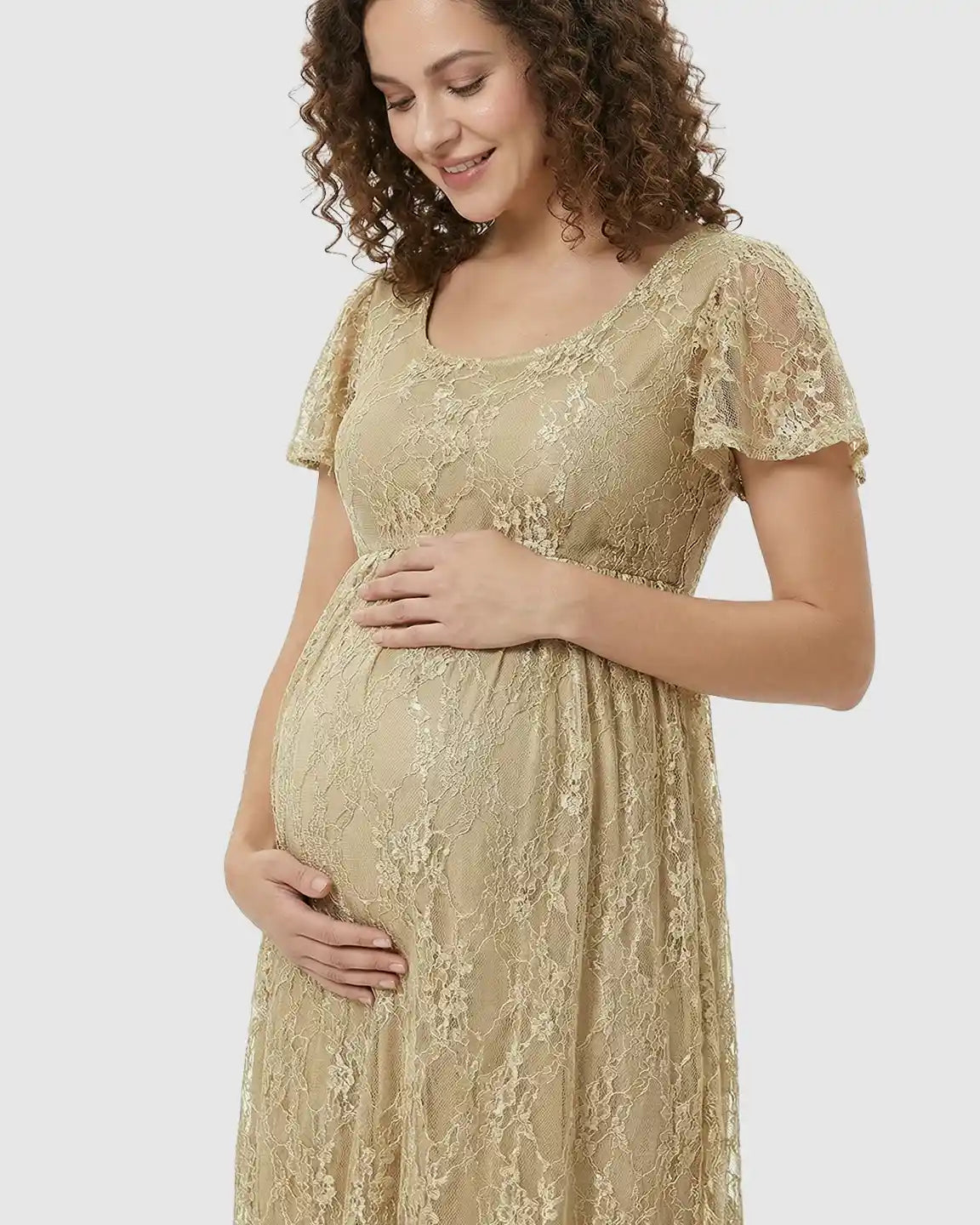 Bump Society – The Comfort Collection: Ruffled Hem Floral Lace Maternity Photoshoot Dress