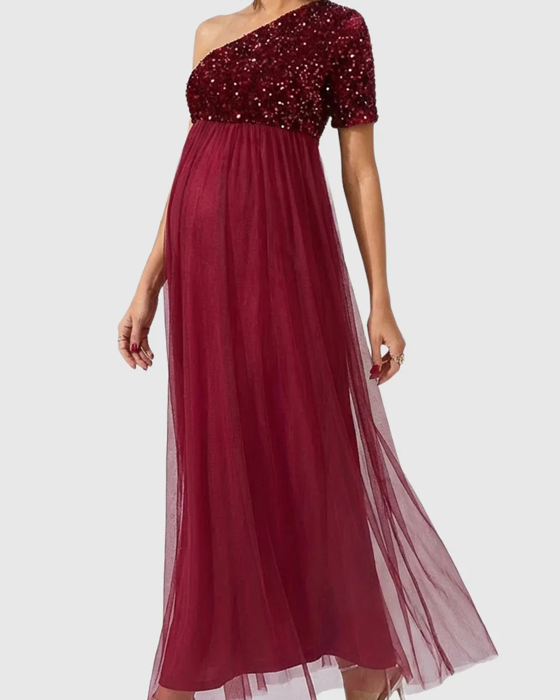 Bump Society – The Comfort Collection: Sequin One-Shoulder Flowy Maternity Maxi Dress
