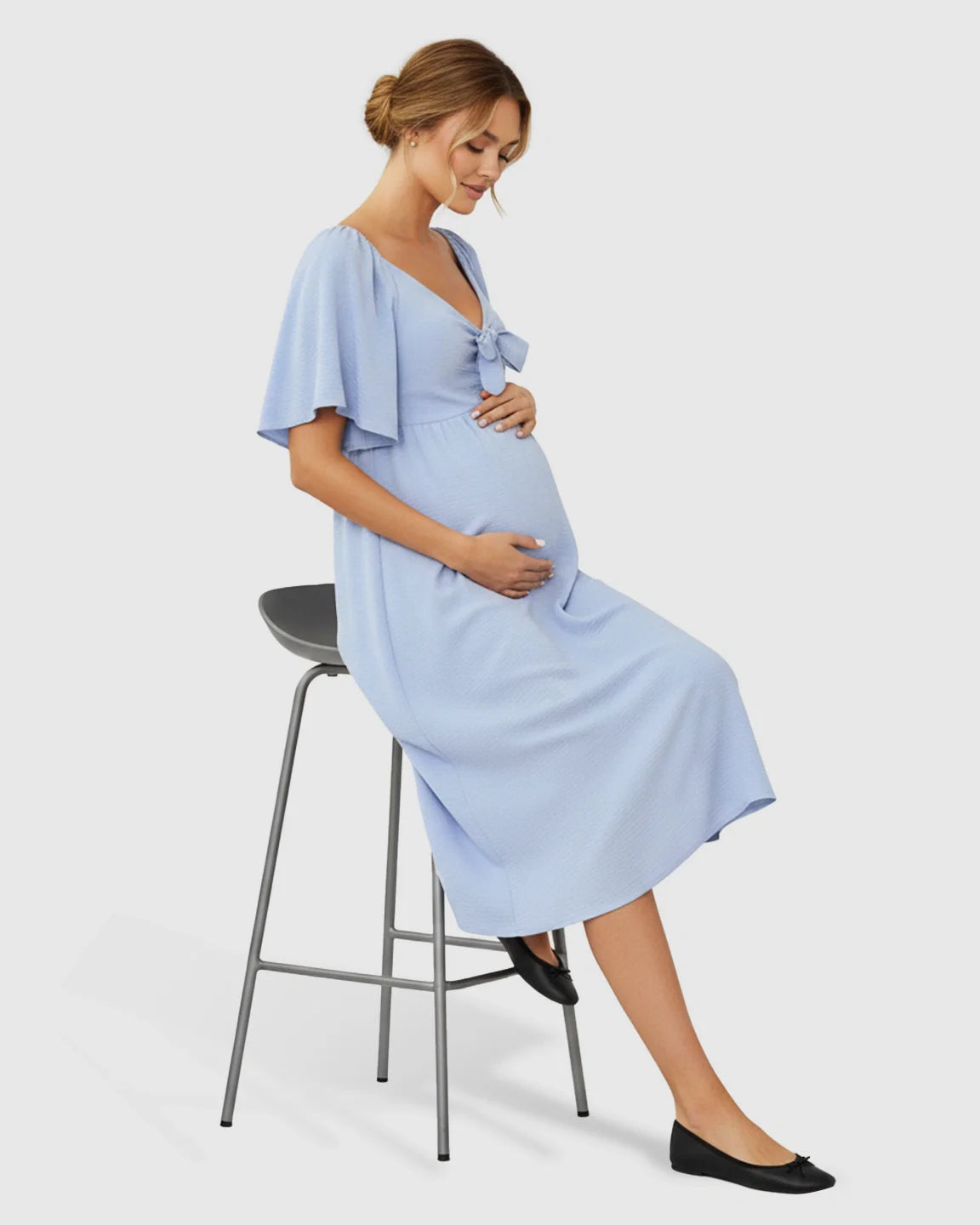 Bump Society – The Comfort Collection: Tie-Knot Front Swing Silhouette Maternity Midi Dress