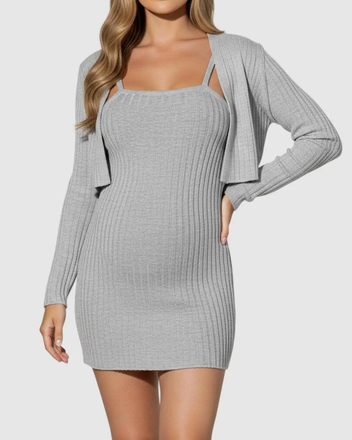 Grey ribbed knit maternity two-piece bolero bodycon dress set for comfortable everyday wear.