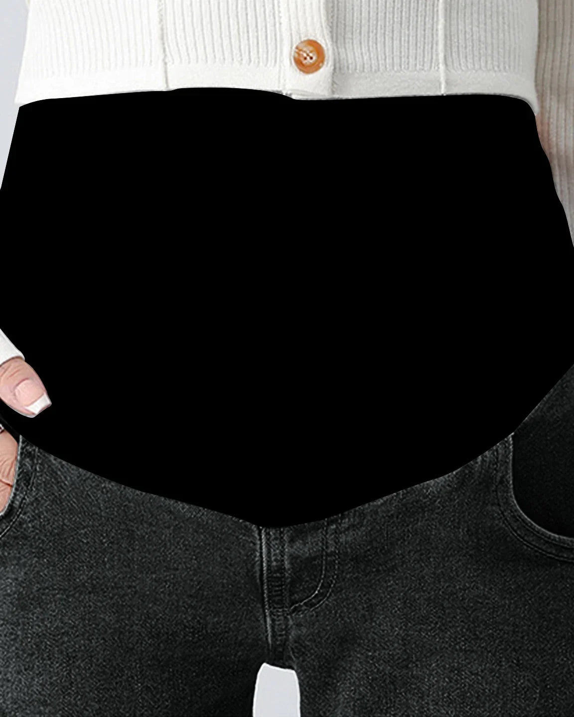Black stretch denim straight-leg maternity jeans with a supportive over-the-belly panel.