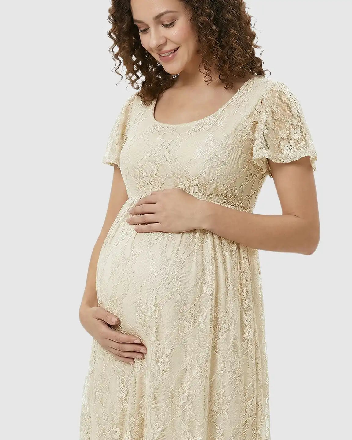 Bump Society – The Comfort Collection: Ruffled Hem Floral Lace Maternity Photoshoot Dress