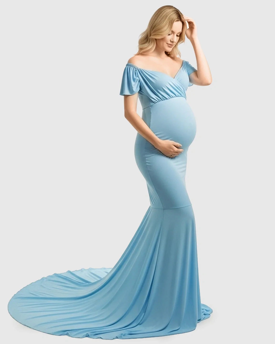 Bump Society – The Comfort Collection: Off-Shoulder Fitted Mermaid Style Maternity Photoshoot Gown