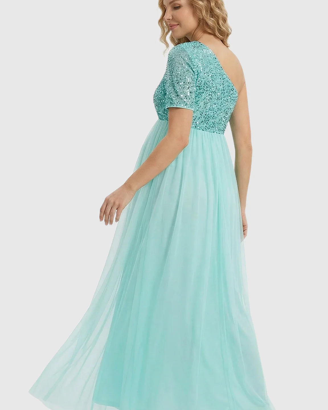 Bump Society – The Comfort Collection: Sequin One-Shoulder Flowy Maternity Maxi Dress