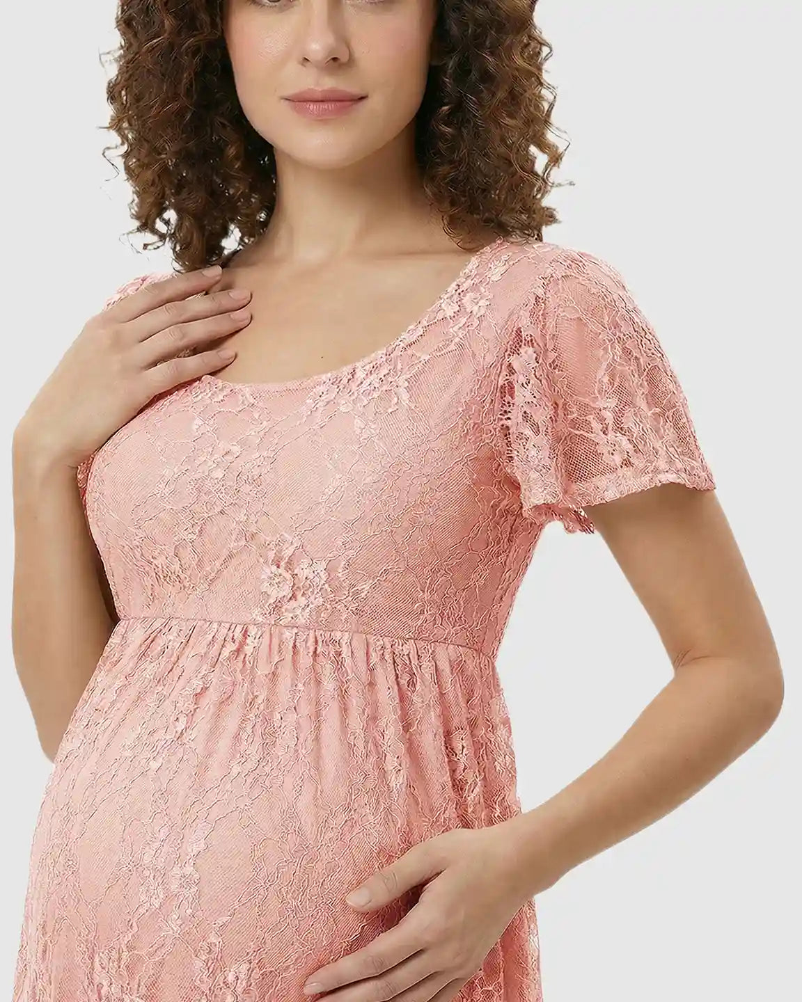 Bump Society – The Comfort Collection: Ruffled Hem Floral Lace Maternity Photoshoot Dress