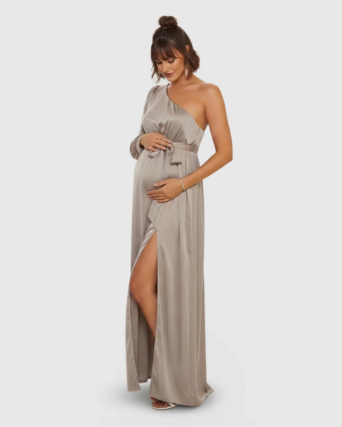 Elegant taupe satin one-shoulder maternity maxi dress with a high slit and tie-waist.