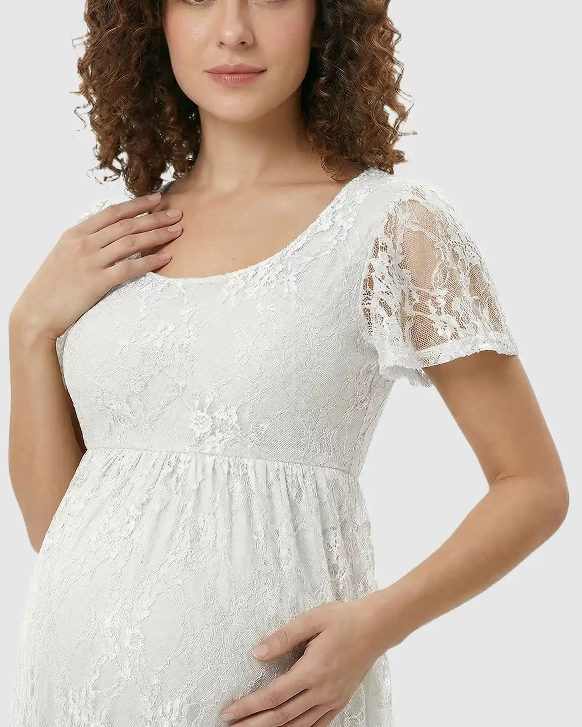 Bump Society – The Comfort Collection: Ruffled Hem Floral Lace Maternity Photoshoot Dress