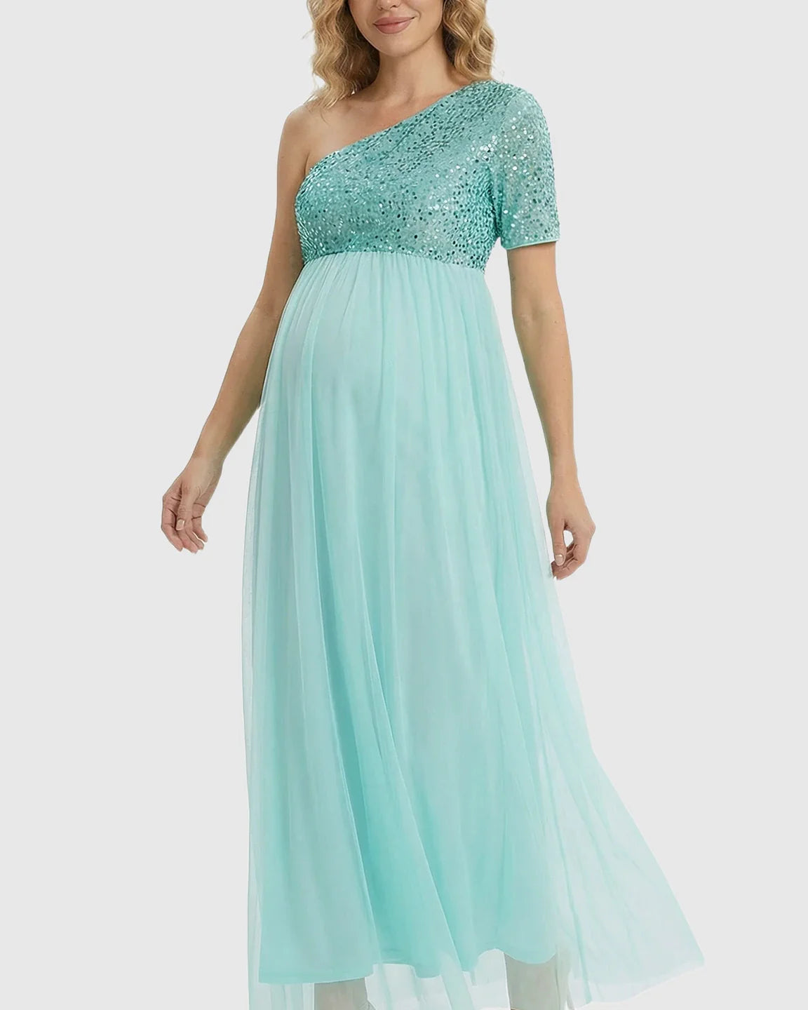 Bump Society – The Comfort Collection: Sequin One-Shoulder Flowy Maternity Maxi Dress