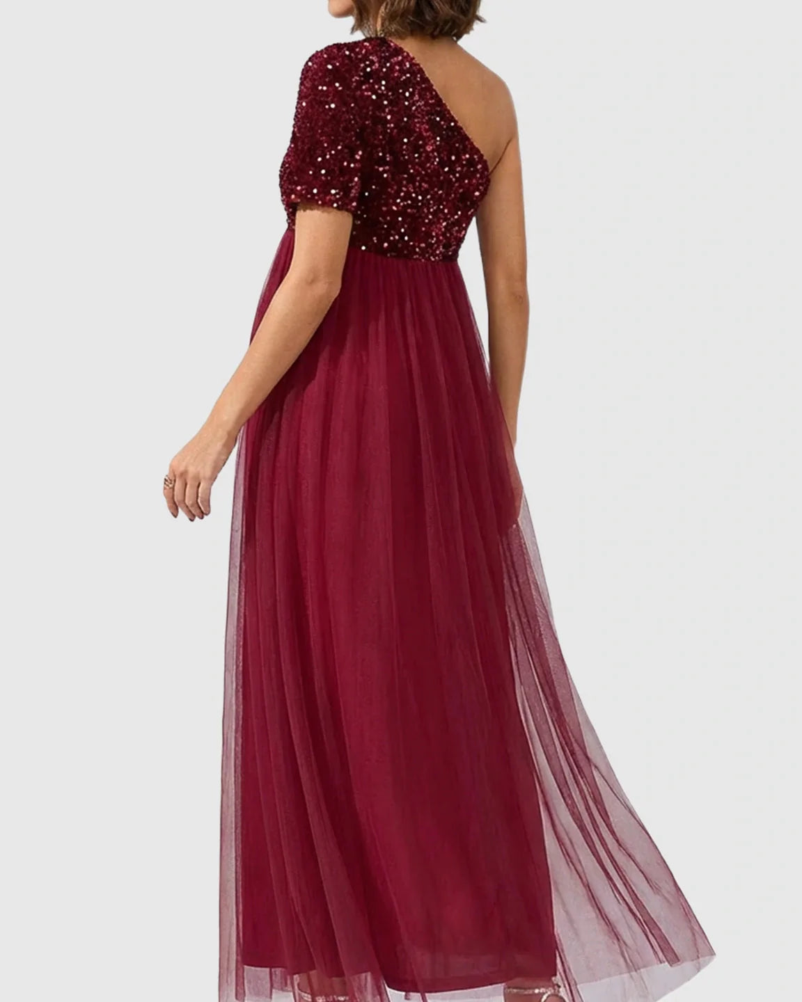 Bump Society – The Comfort Collection: Sequin One-Shoulder Flowy Maternity Maxi Dress