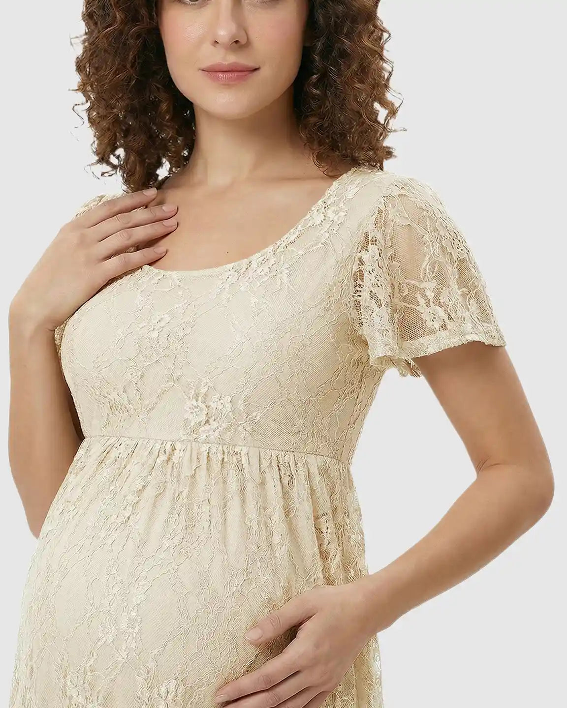 Bump Society – The Comfort Collection: Ruffled Hem Floral Lace Maternity Photoshoot Dress