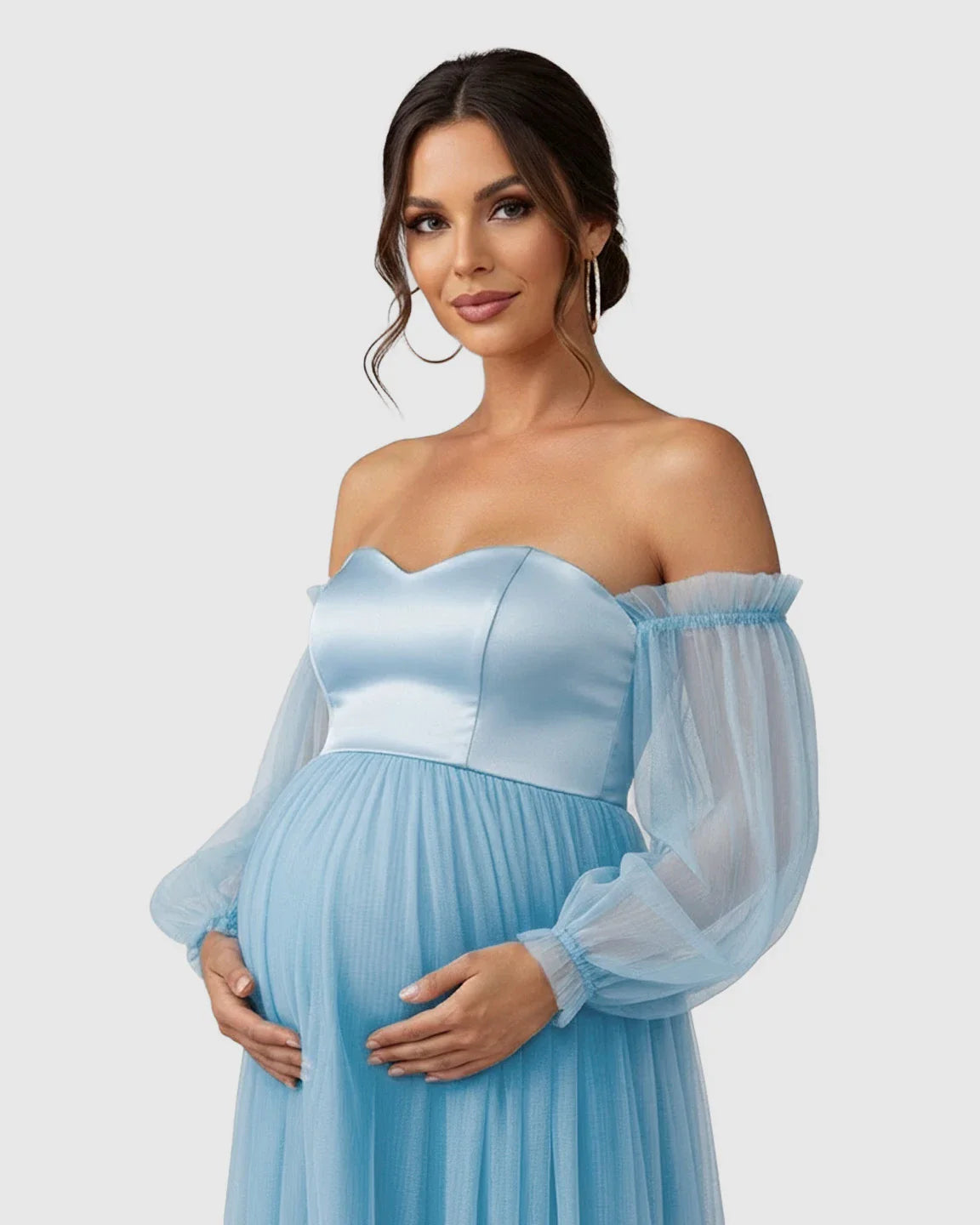 Bump Society – The Comfort Collection: Off-Shoulder Mesh-Sleeve Maternity Gown