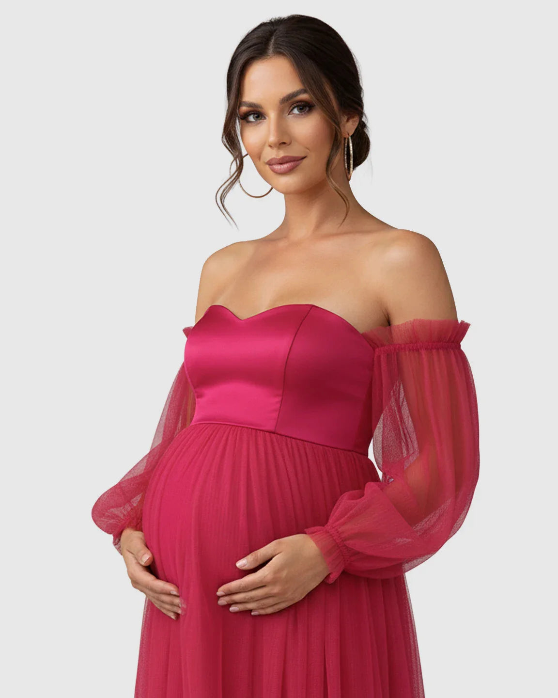 Bump Society – The Comfort Collection: Off-Shoulder Mesh-Sleeve Maternity Gown