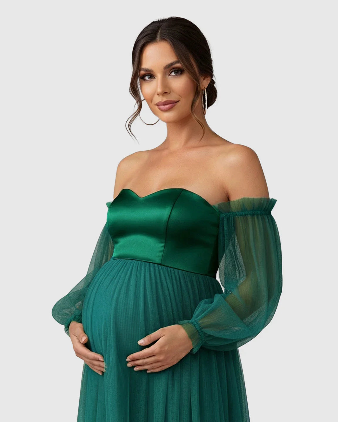Bump Society – The Comfort Collection: Off-Shoulder Mesh-Sleeve Maternity Gown