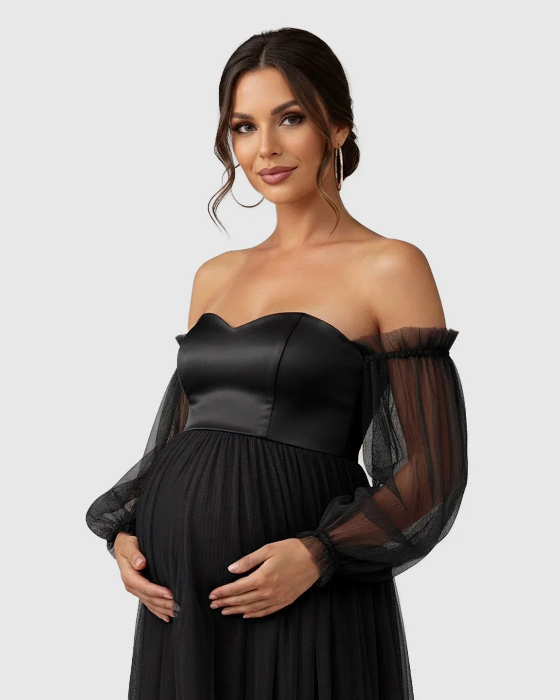 Bump Society – The Comfort Collection: Off-Shoulder Mesh-Sleeve Maternity Gown