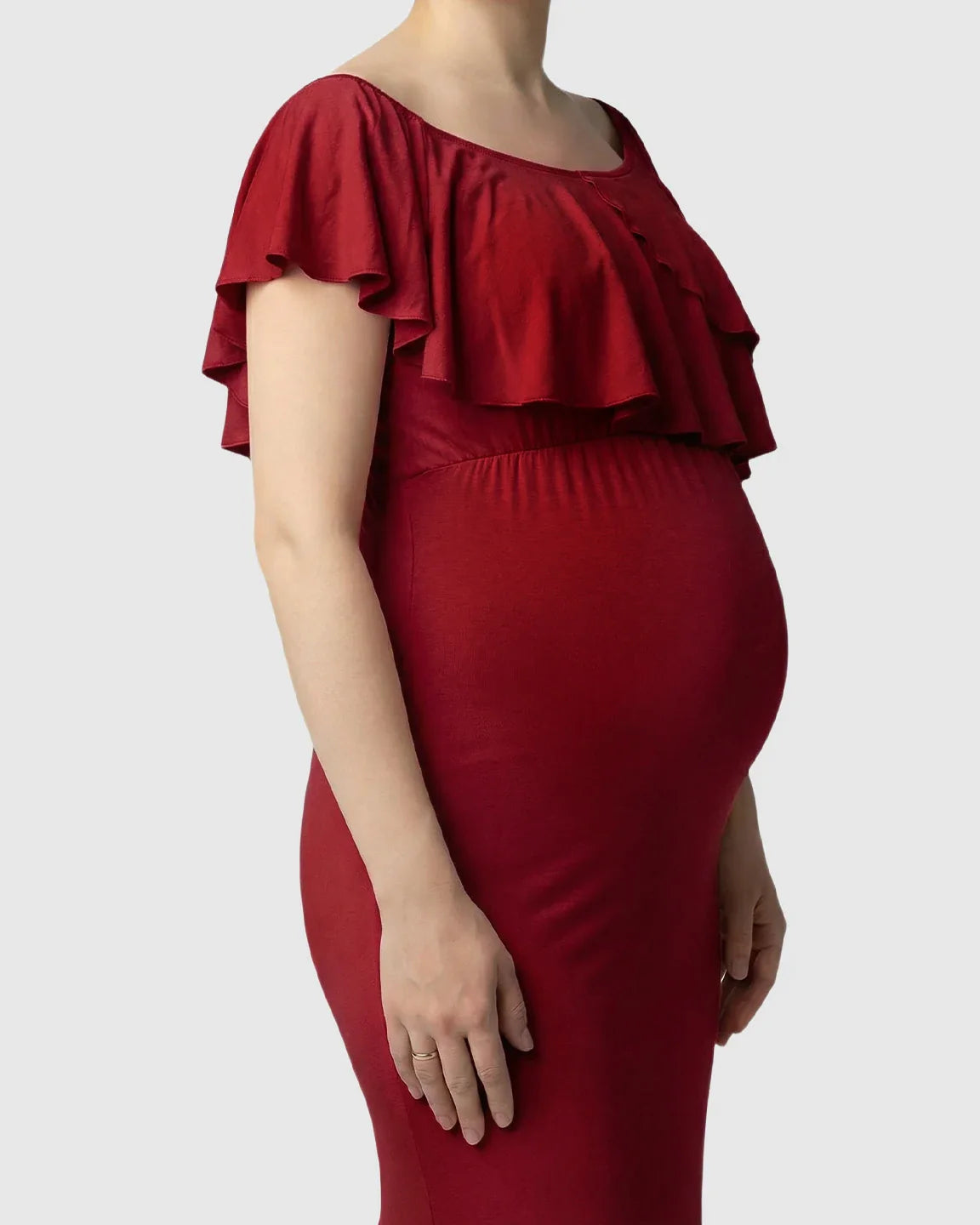Bump Society – The Comfort Collection: Ruffle-Off Shoulder Trailing Maternity Gown
