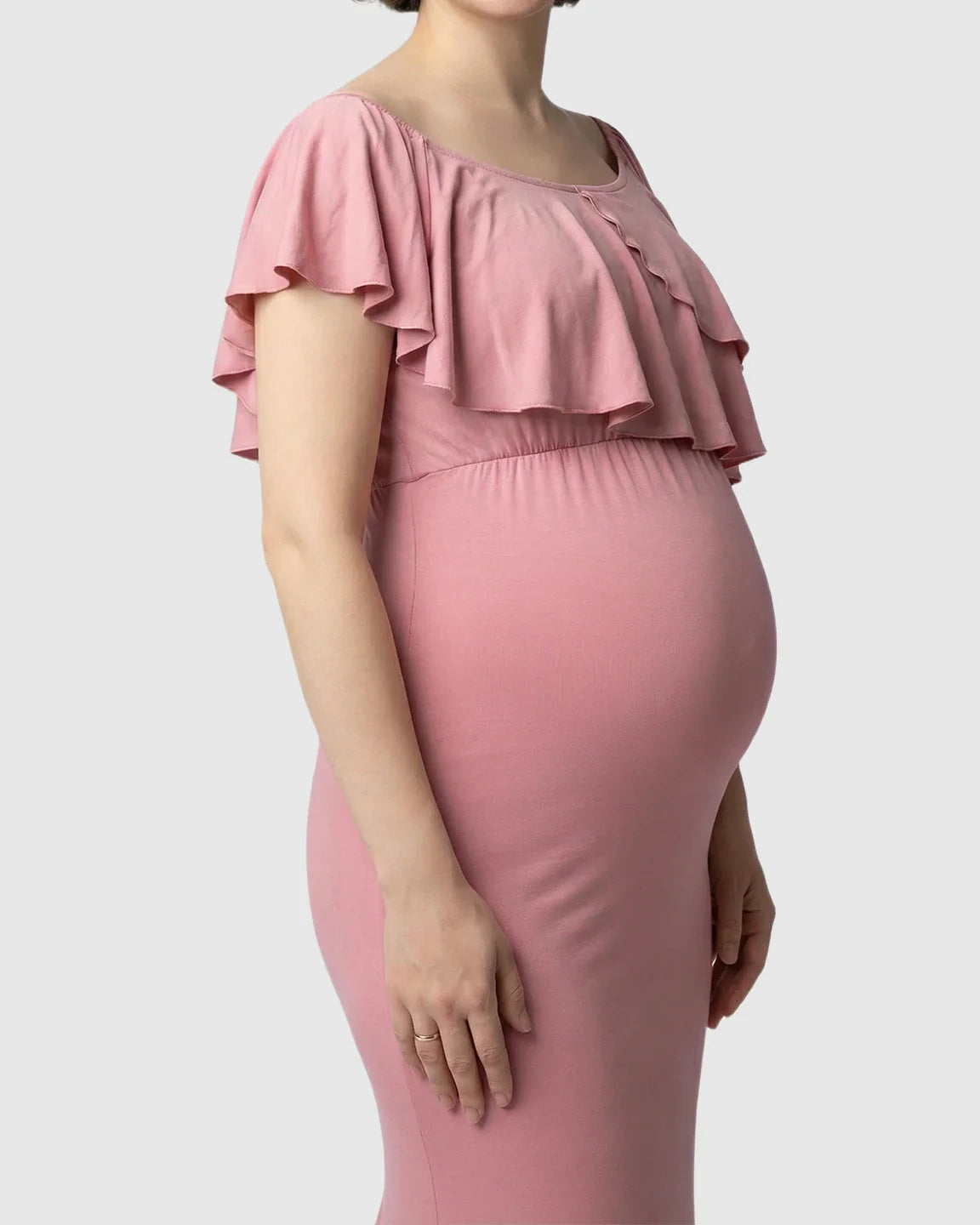 Bump Society – The Comfort Collection: Ruffle-Off Shoulder Trailing Maternity Gown