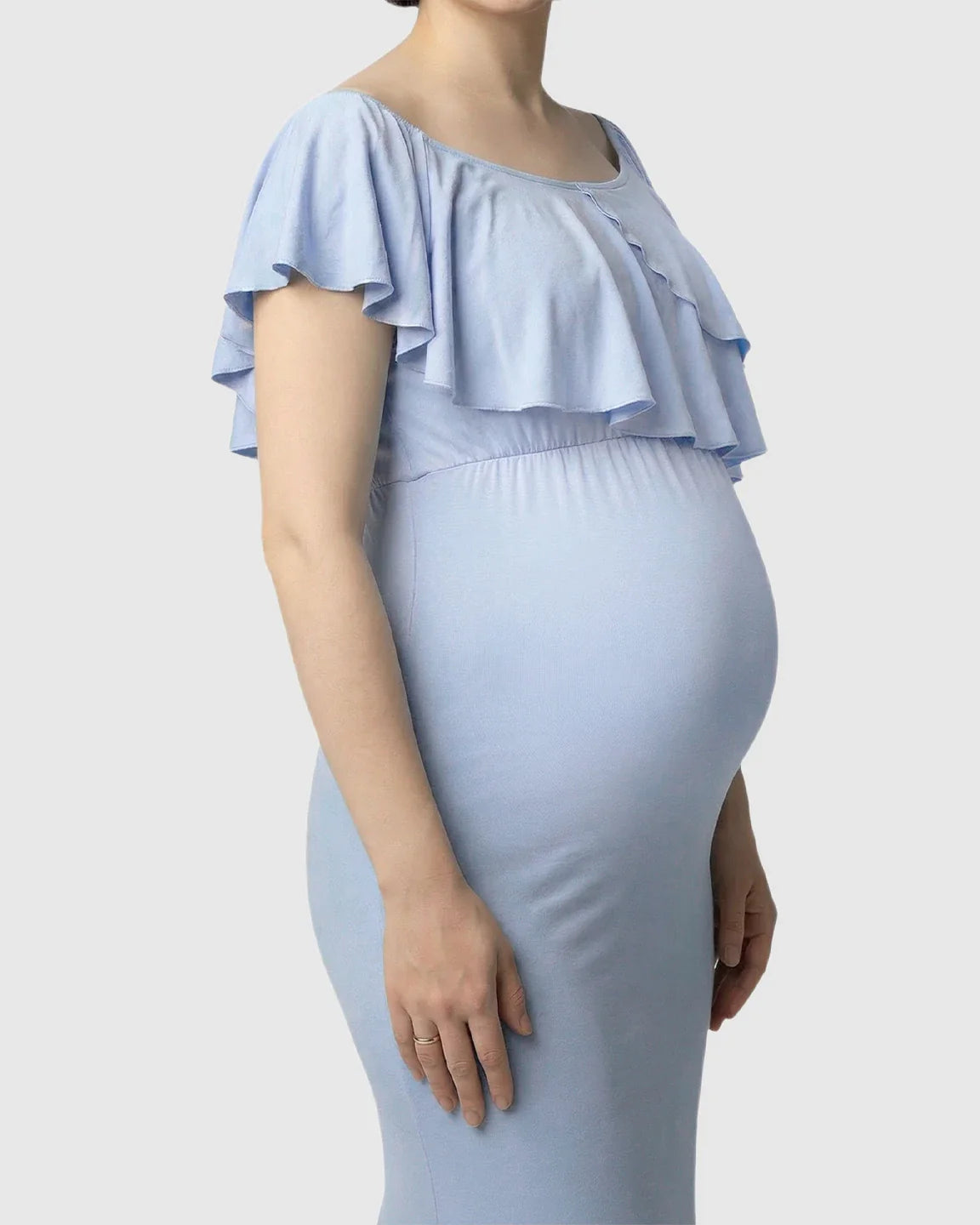 Bump Society – The Comfort Collection: Ruffle-Off Shoulder Trailing Maternity Gown