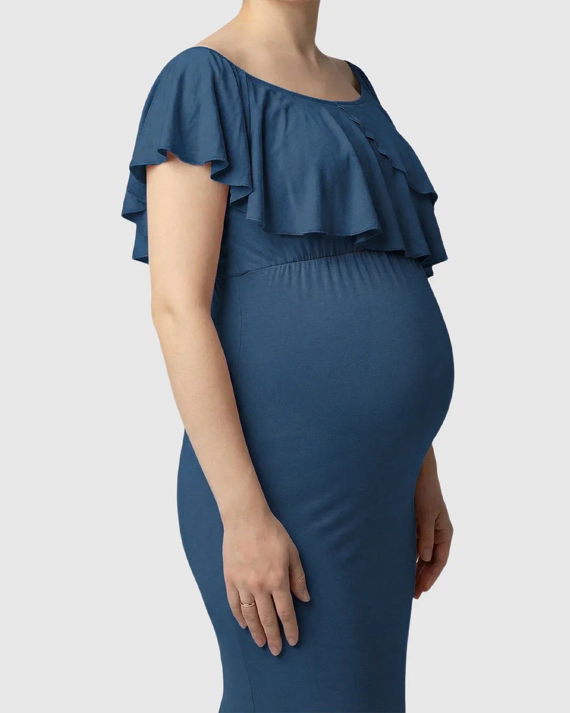 Bump Society – The Comfort Collection: Ruffle-Off Shoulder Trailing Maternity Gown