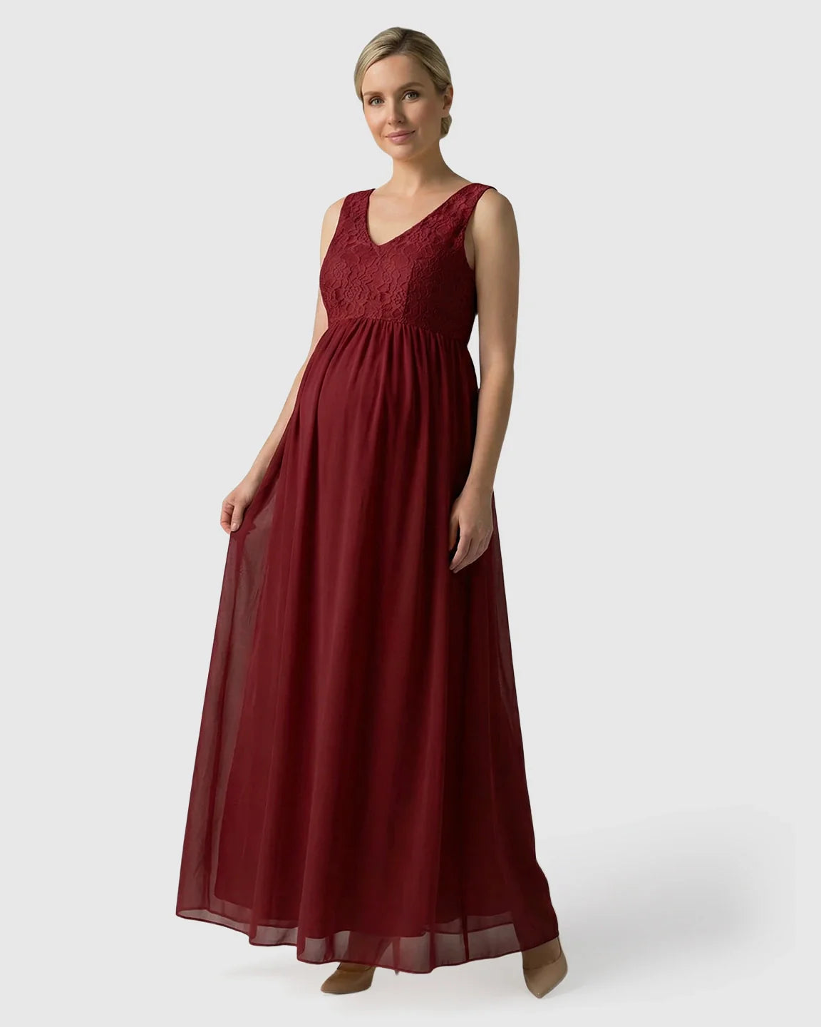 Bump Society – The Comfort Collection: Lace-Chiffon Romantic Maternity Maxi Dress