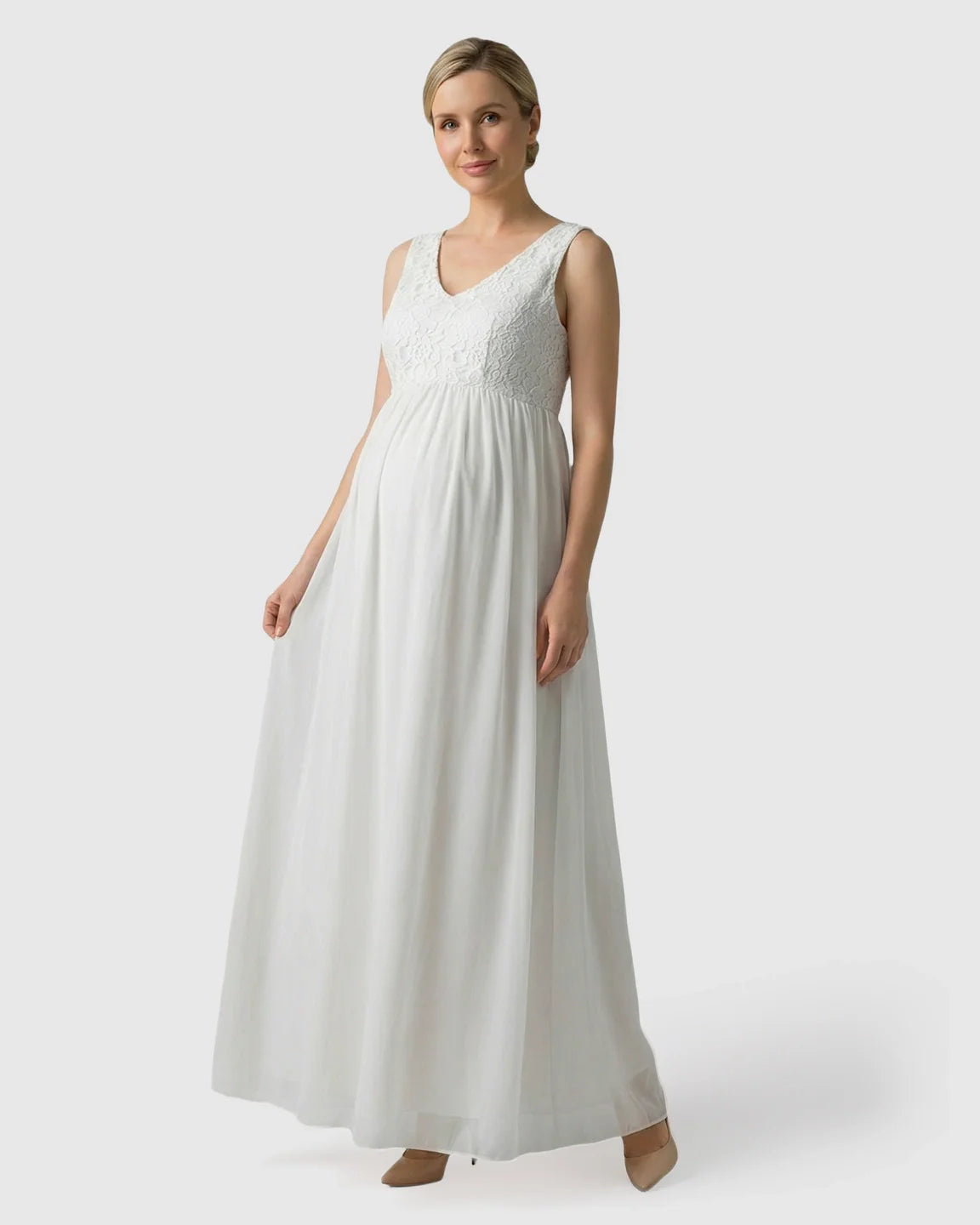Bump Society – The Comfort Collection: Lace-Chiffon Romantic Maternity Maxi Dress