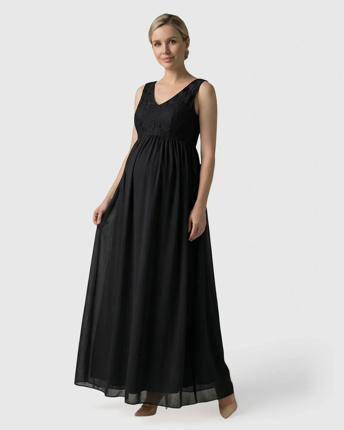 Bump Society – The Comfort Collection: Lace-Chiffon Romantic Maternity Maxi Dress