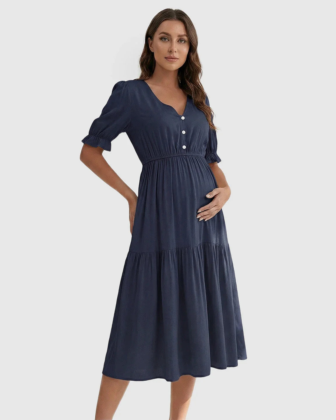 Bump Society – The Comfort Collection: V Neck Puff Sleeve Maternity Midi Dress