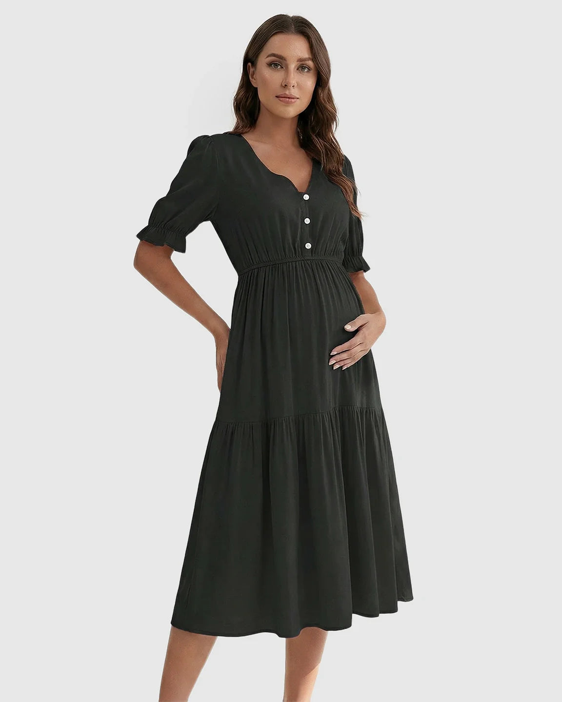Bump Society – The Comfort Collection: V Neck Puff Sleeve Maternity Midi Dress