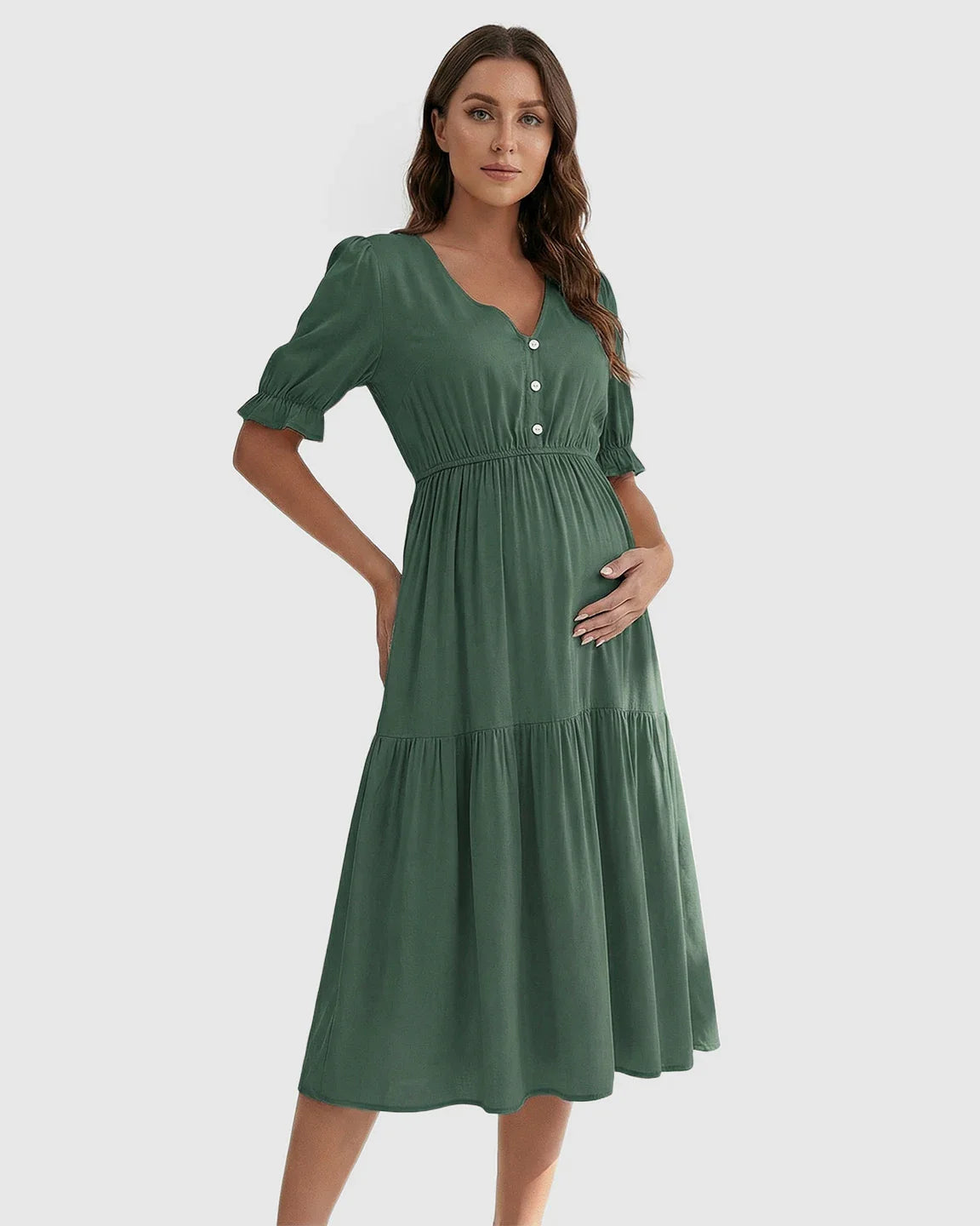 Bump Society – The Comfort Collection: V Neck Puff Sleeve Maternity Midi Dress