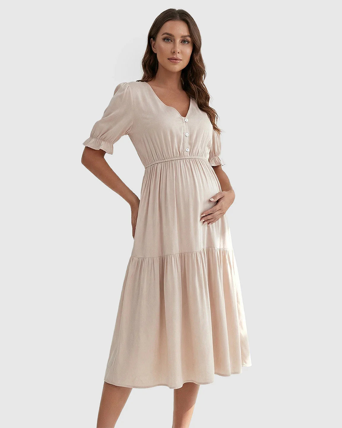 Bump Society – The Comfort Collection: V Neck Puff Sleeve Maternity Midi Dress