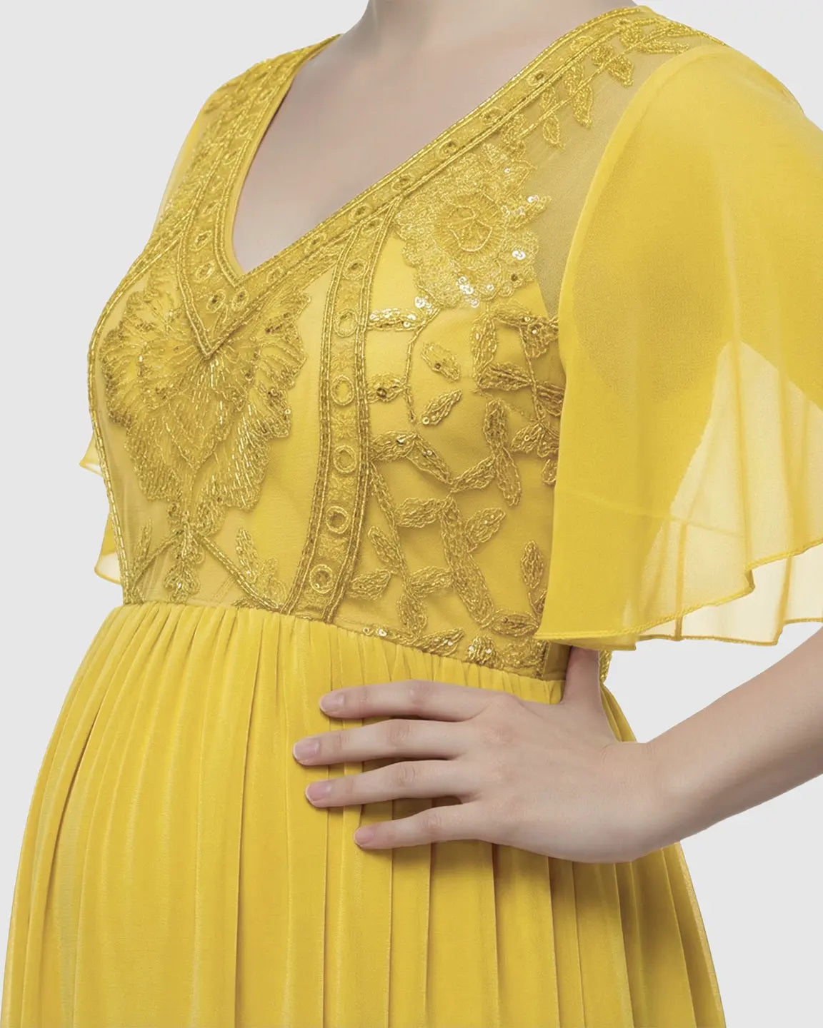 Bump Society – The Comfort Collection: Embroidered Bodice Long Train Maternity Photoshoot Gown