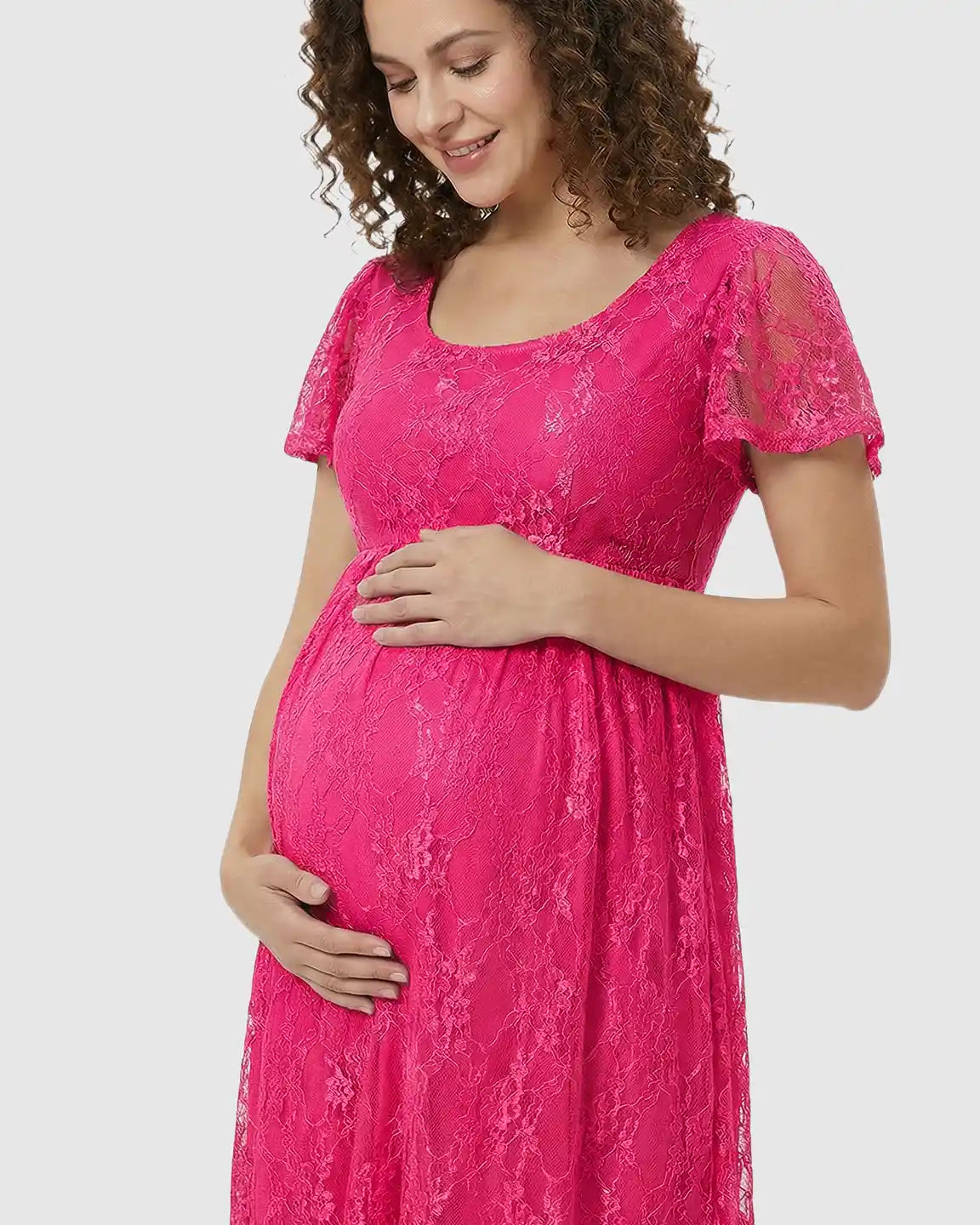 Bump Society – The Comfort Collection: Ruffled Hem Floral Lace Maternity Photoshoot Dress